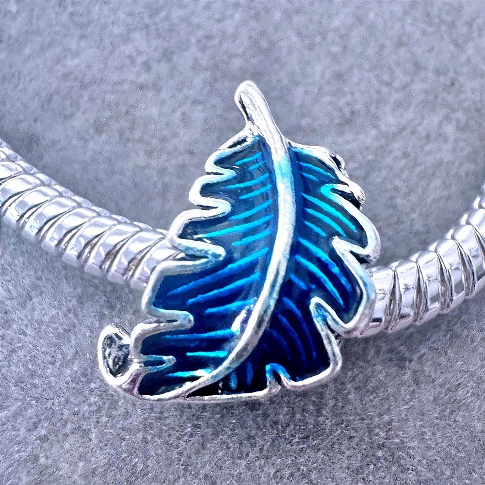 Blue Enamel Curved Leaf Silver Charm fits PANDORA